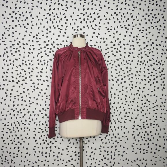 Free People Satin Zip Up Wine Midnight Bomber Jacket - Picture 2 of 10